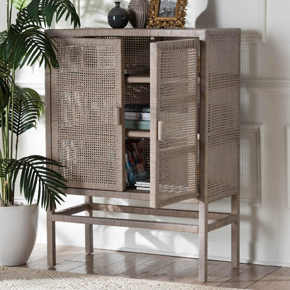 3-Tier Wicker Accent Cabinet, Double Doors and Elevated Base, French Grey