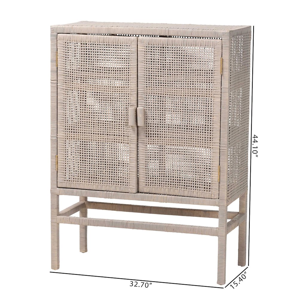 3-Tier Wicker Accent Cabinet, Double Doors and Elevated Base, French Grey