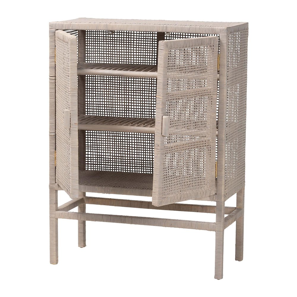 3-Tier Wicker Accent Cabinet, Double Doors and Elevated Base, French Grey