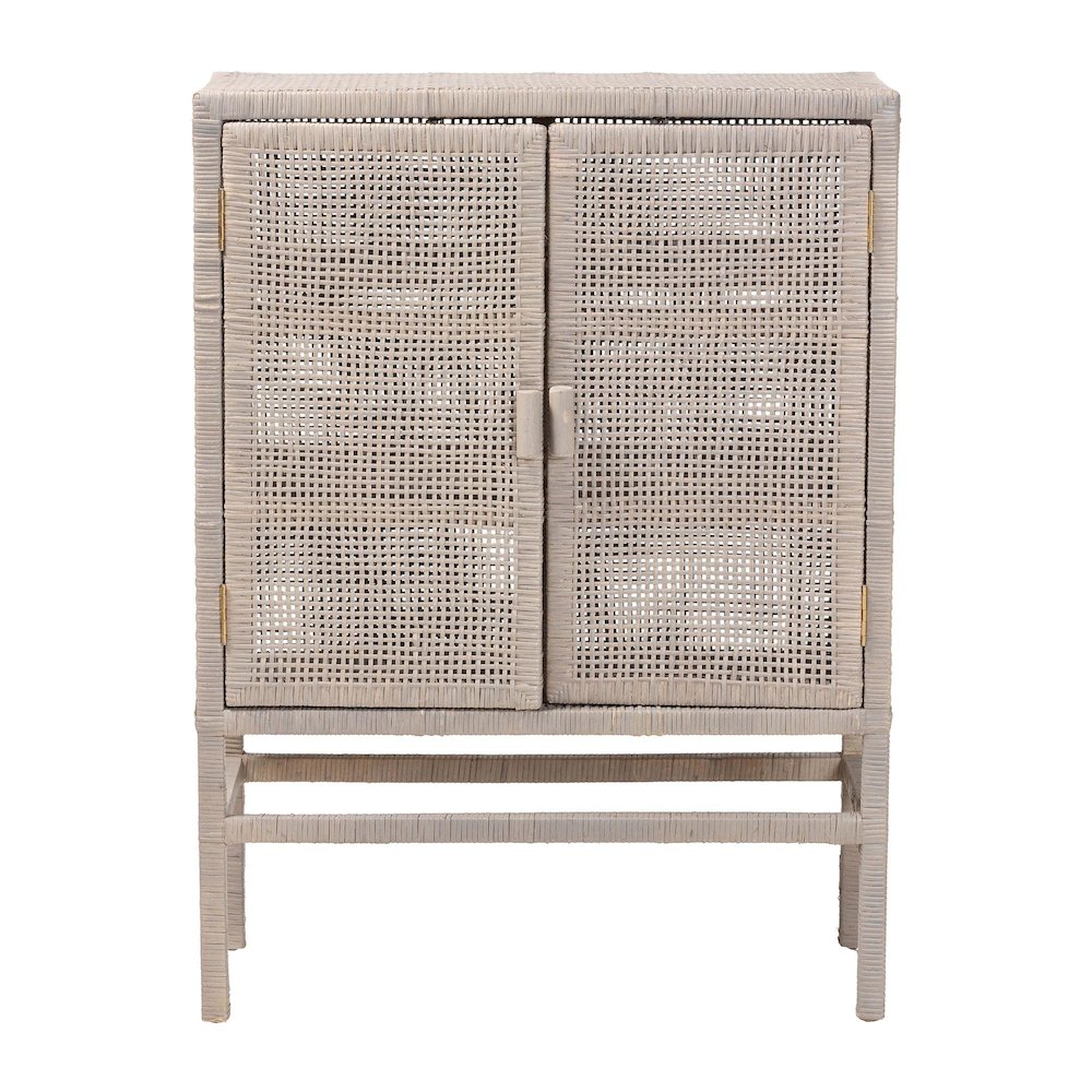 3-Tier Wicker Accent Cabinet, Double Doors and Elevated Base, French Grey