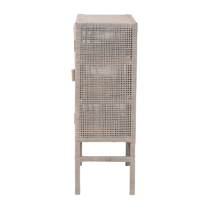 3-Tier Wicker Accent Cabinet, Double Doors and Elevated Base, French Grey