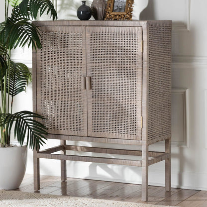 3-Tier Wicker Accent Cabinet, Double Doors and Elevated Base, French Grey