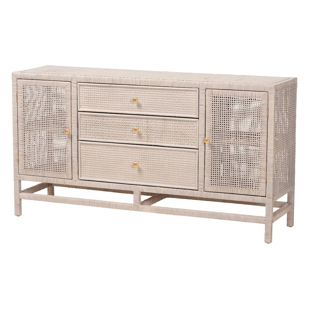 Natural Rattan Storage Cabinet, Interior Shelving and Elevated Base, French Grey