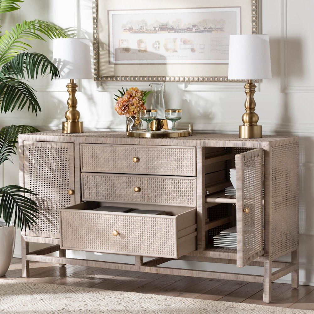 Natural Rattan Storage Cabinet, Interior Shelving and Elevated Base, French Grey