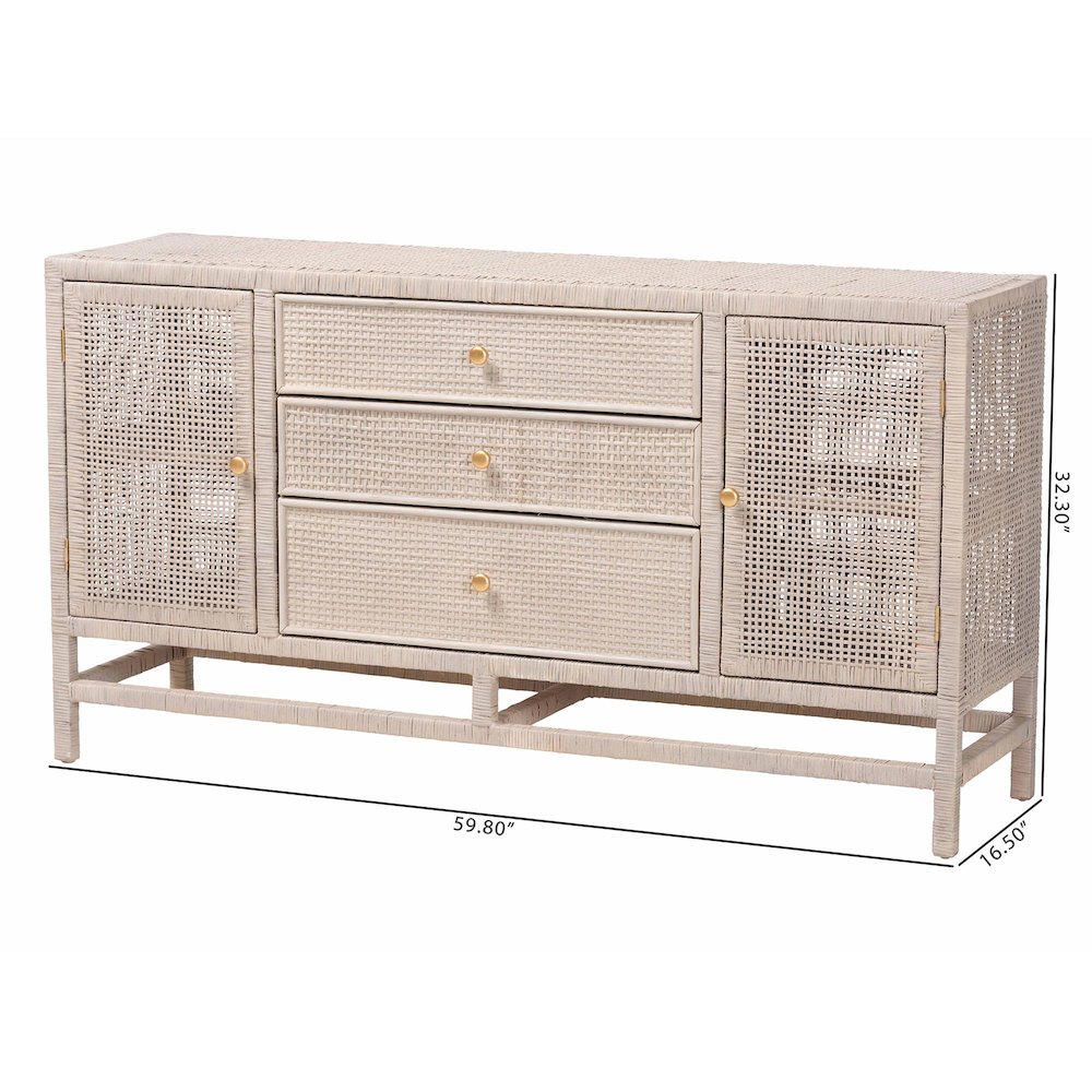 Natural Rattan Storage Cabinet, Interior Shelving and Elevated Base, French Grey