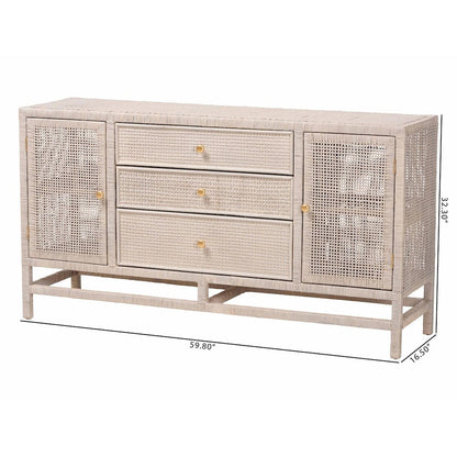 Natural Rattan Storage Cabinet, Interior Shelving and Elevated Base, French Grey