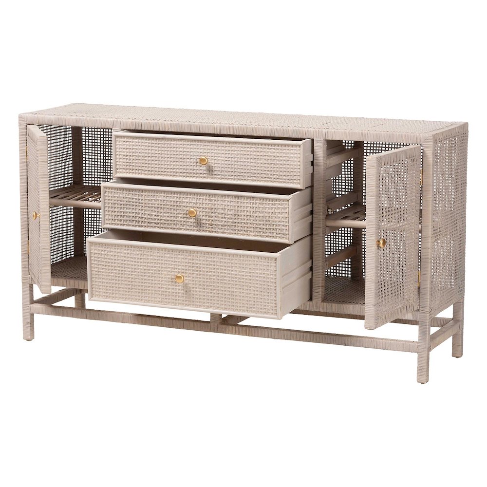 Natural Rattan Storage Cabinet, Interior Shelving and Elevated Base, French Grey