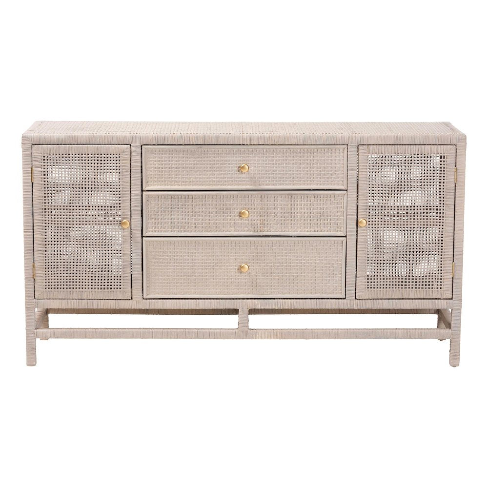 Natural Rattan Storage Cabinet, Interior Shelving and Elevated Base, French Grey