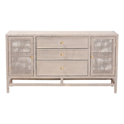 Natural Rattan Storage Cabinet, Interior Shelving and Elevated Base, French Grey