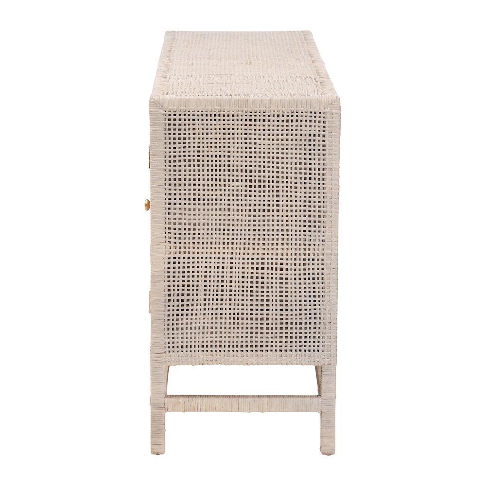 Natural Rattan Storage Cabinet, Interior Shelving and Elevated Base, French Grey