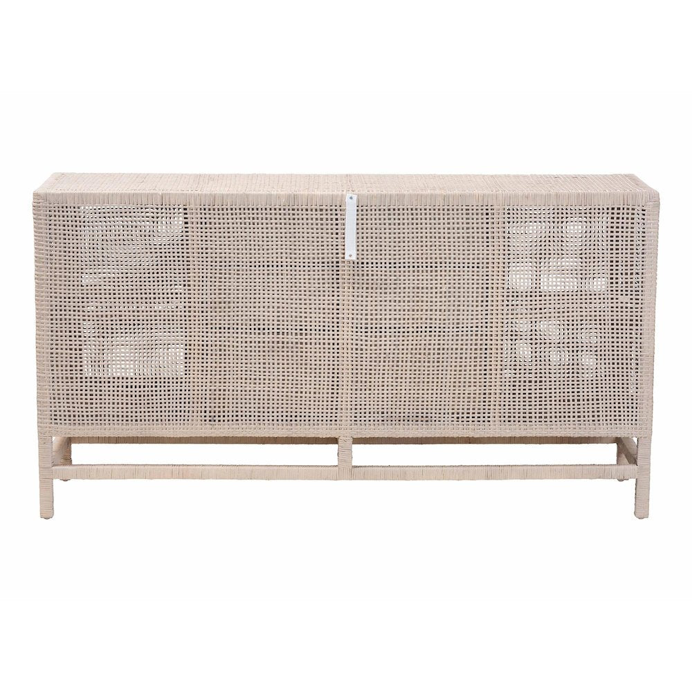 Natural Rattan Storage Cabinet, Interior Shelving and Elevated Base, French Grey