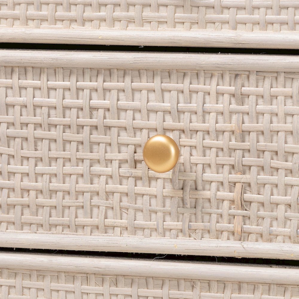 Natural Rattan Storage Cabinet, Interior Shelving and Elevated Base, French Grey