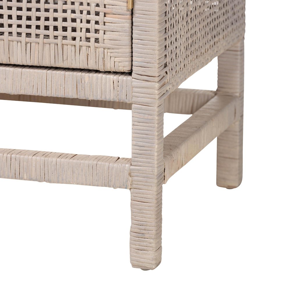 Natural Rattan Storage Cabinet, Interior Shelving and Elevated Base, French Grey