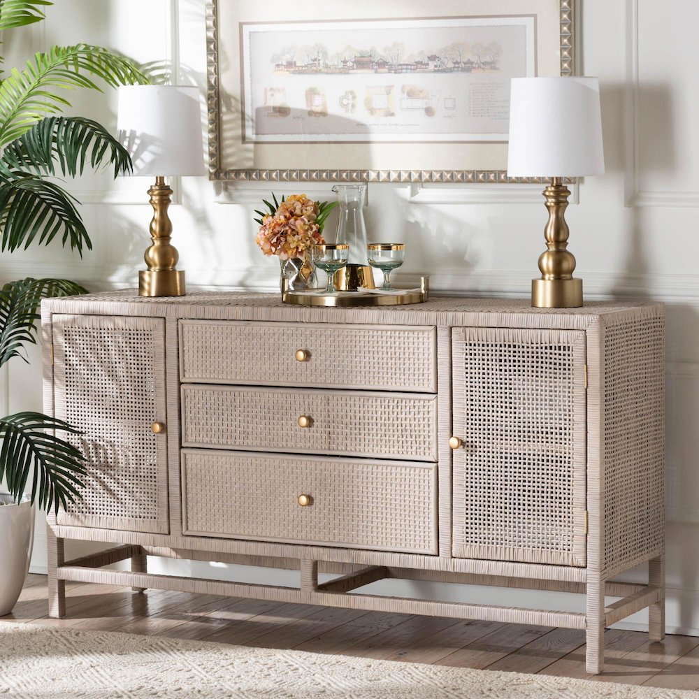 Natural Rattan Storage Cabinet, Interior Shelving and Elevated Base, French Grey