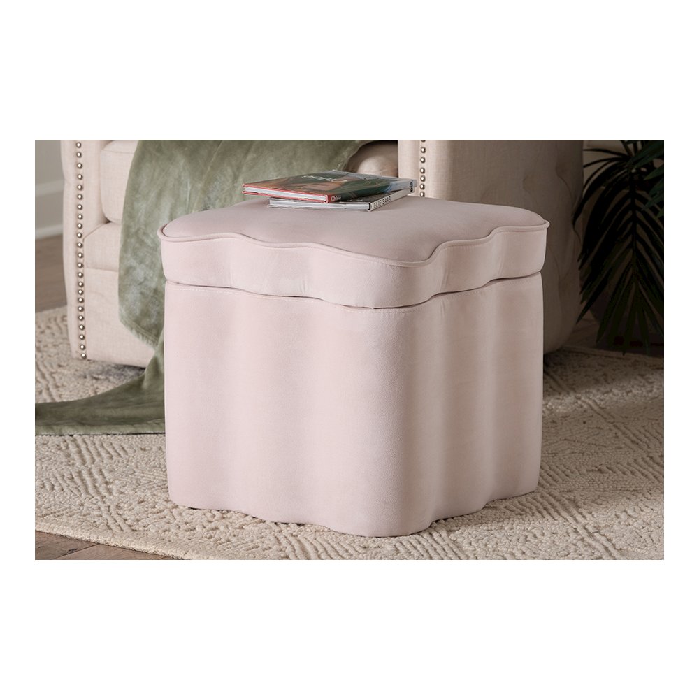 Baxton Studio Paulina Velvet Storage Ottoman, Scalloped, Light Pink