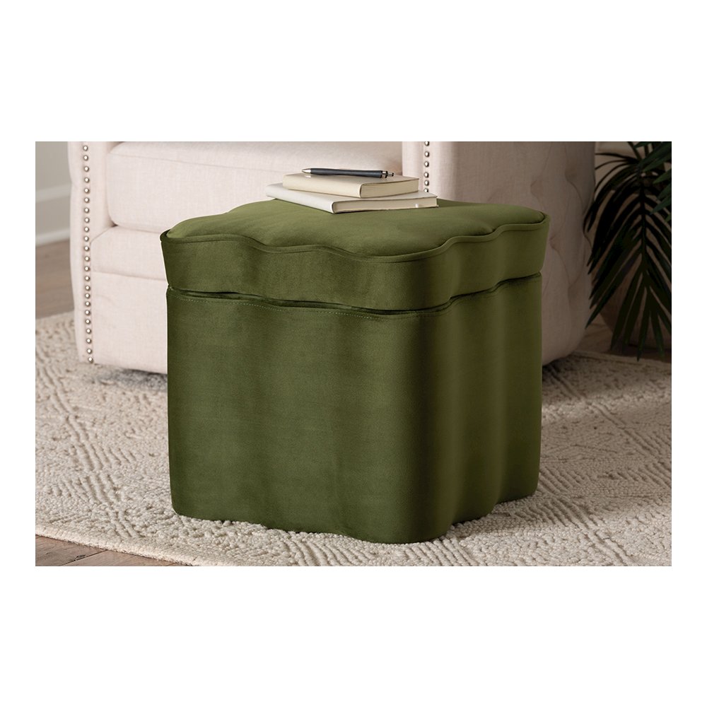Baxton Studio Paulina Velvet Storage Ottoman, Scalloped, Moss Green