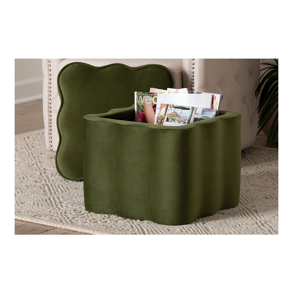 Baxton Studio Paulina Velvet Storage Ottoman, Scalloped, Moss Green