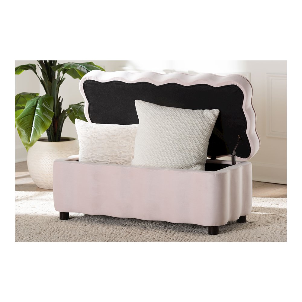 Baxton Studio Paulina Velvet Storage Bench, Scalloped, Light Pink