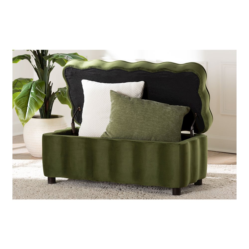 Baxton Studio Paulina Velvet Storage Bench, Scalloped, Moss Green