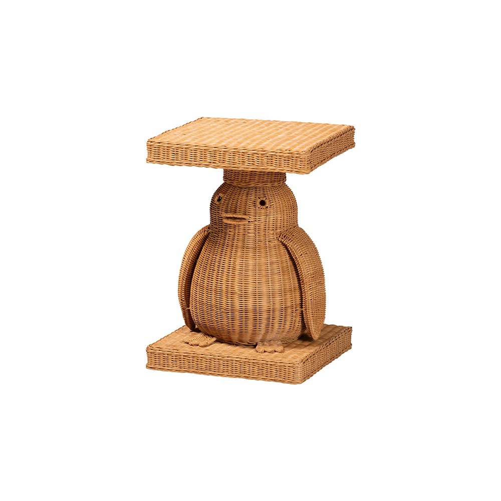 Pembroke Penguin Rattan End Table, Handwoven Sculptural Accent Table