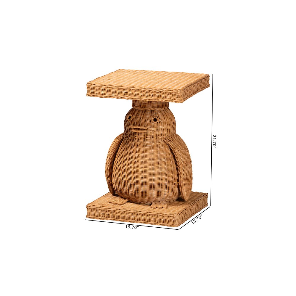 Pembroke Penguin Rattan End Table, Handwoven Sculptural Accent Table