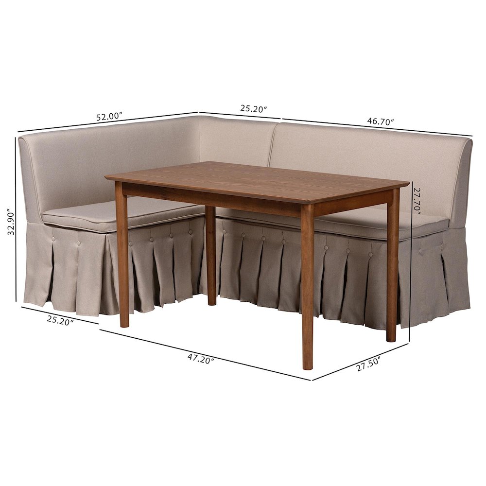 Reuben 3-Pc Upholstered Dining Nook Set - L-Shaped Corner Banquette, Beige