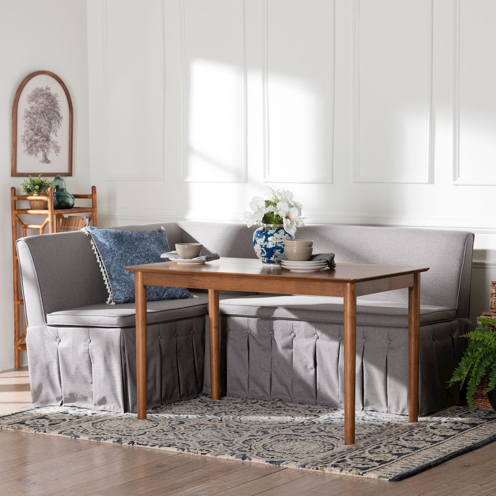 Reuben 3-Pc Upholstered Dining Nook Set - L-Shaped Corner Banquette, Grey