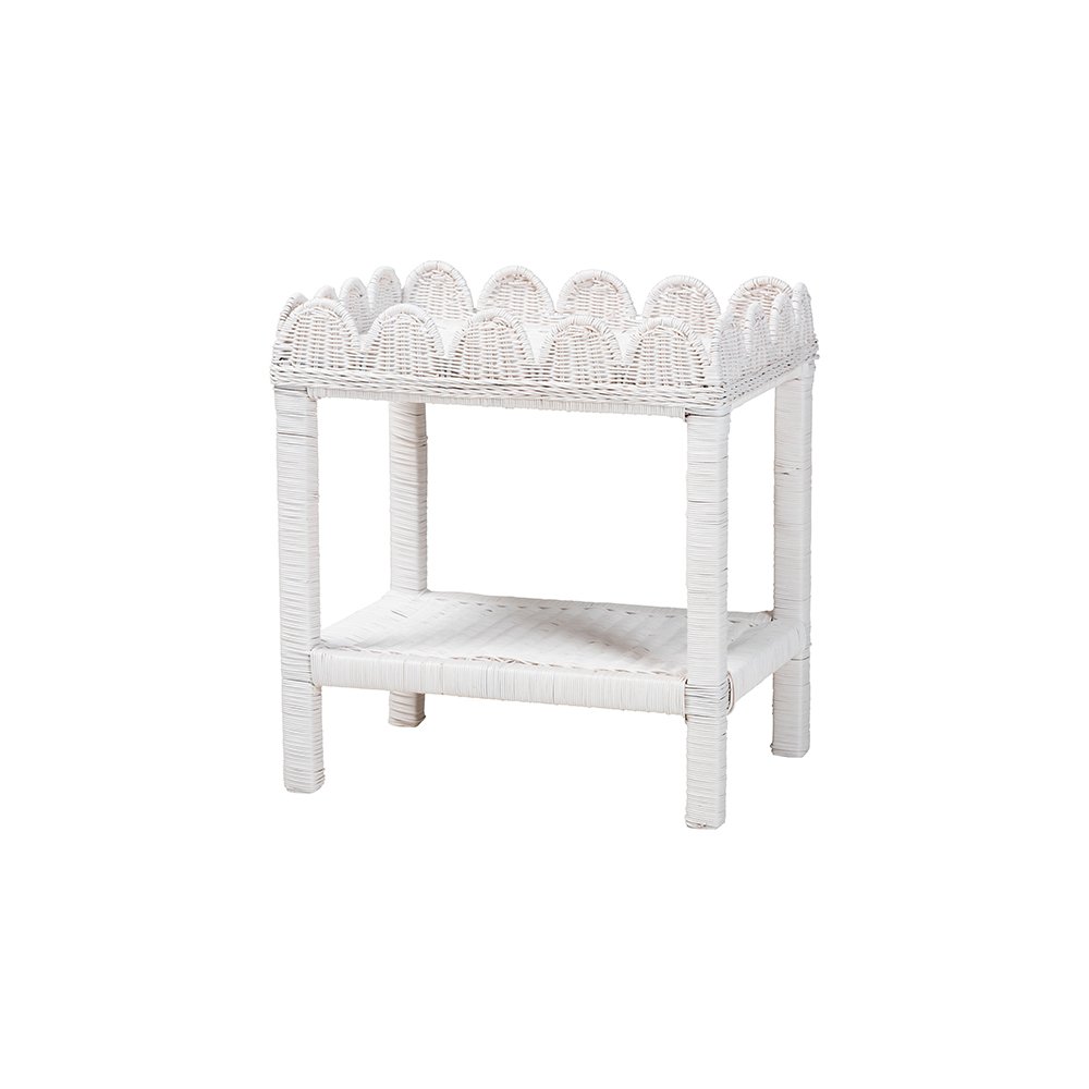 Sumana Rattan Side Table with Scalloped 2-Tier Tray Top, White