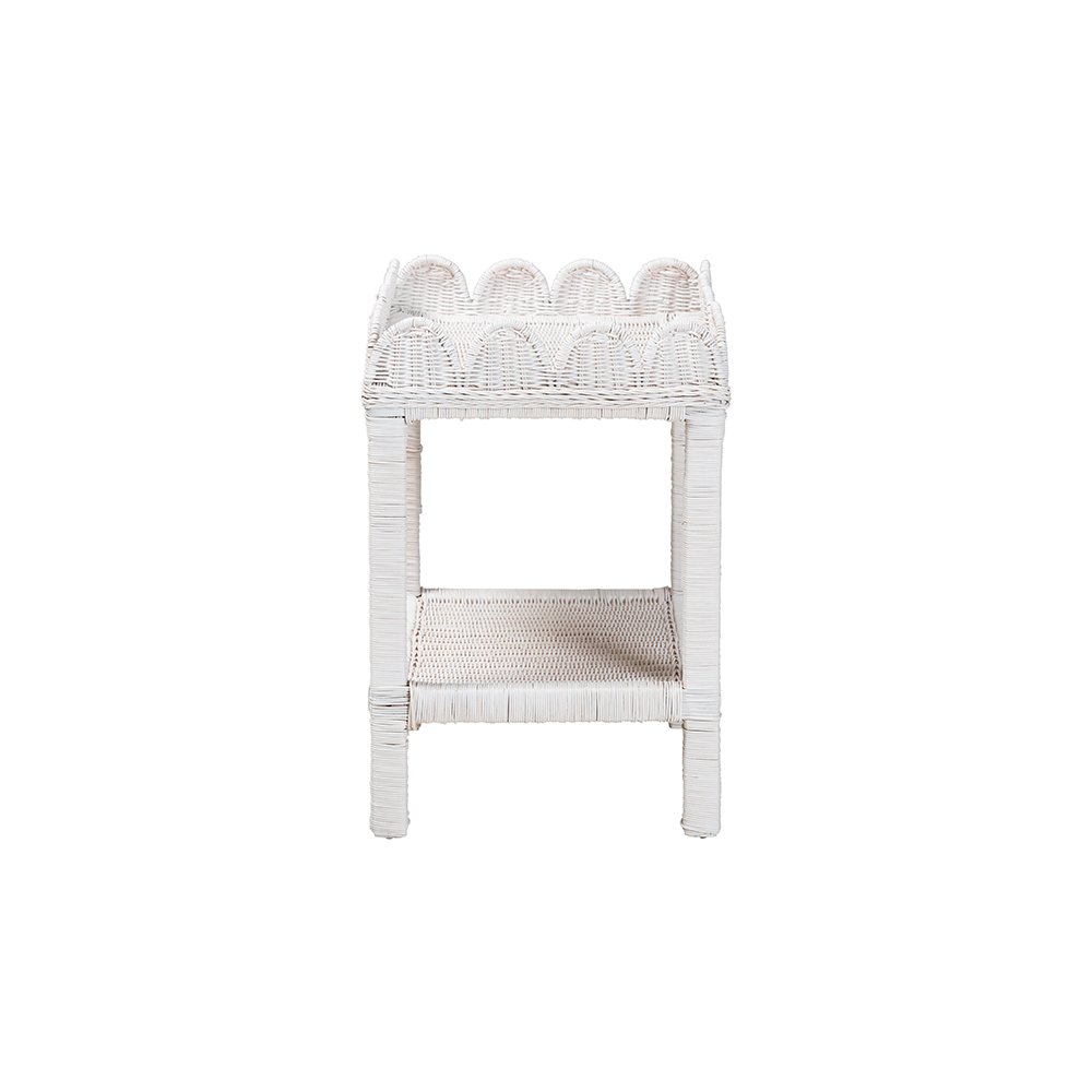 Sumana Rattan Side Table with Scalloped 2-Tier Tray Top, White
