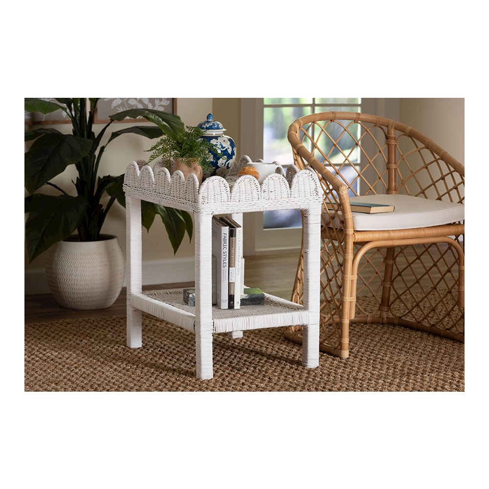 Sumana Rattan Side Table with Scalloped 2-Tier Tray Top, White