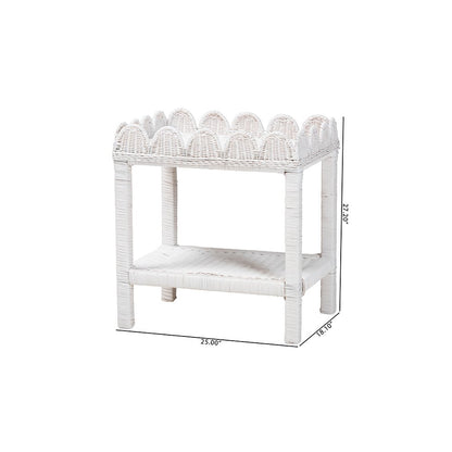 Sumana Rattan Side Table with Scalloped 2-Tier Tray Top, White