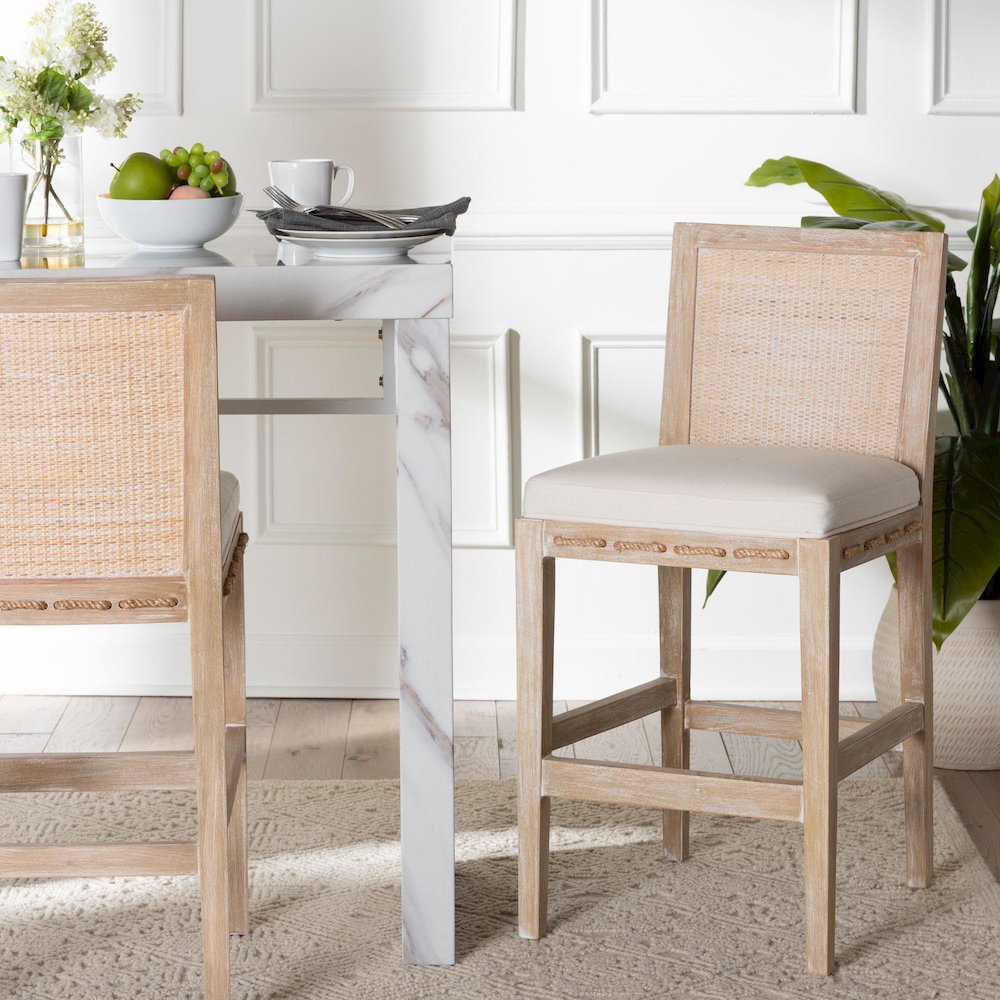 Ashford Whitewash Rattan Counter Stool - Mahogany Frame, Braided Rope Inserts