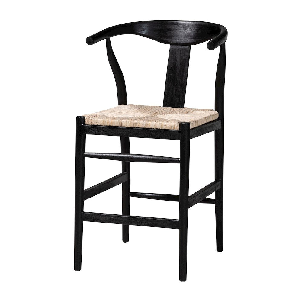 Fika Wishbone Counter Stool - Seagrass Seat, Mahogany Frame, Black