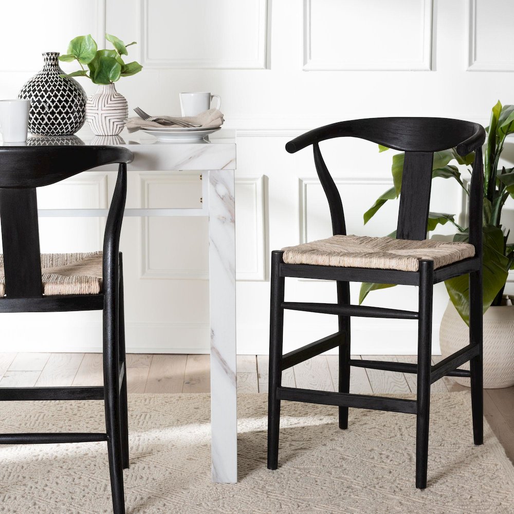 Fika Wishbone Counter Stool - Seagrass Seat, Mahogany Frame, Black