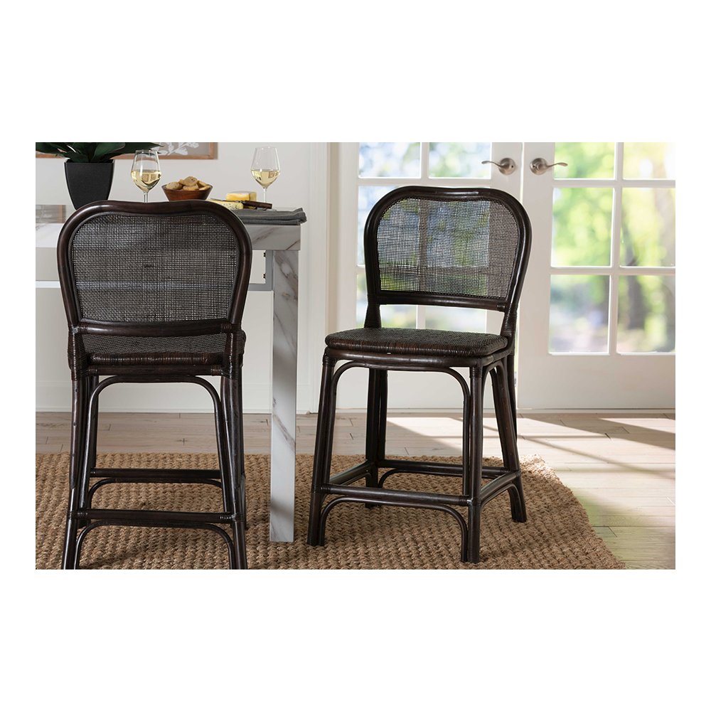 Irene Natural Rattan Counter Stool with Lattice Backrest, Espresso