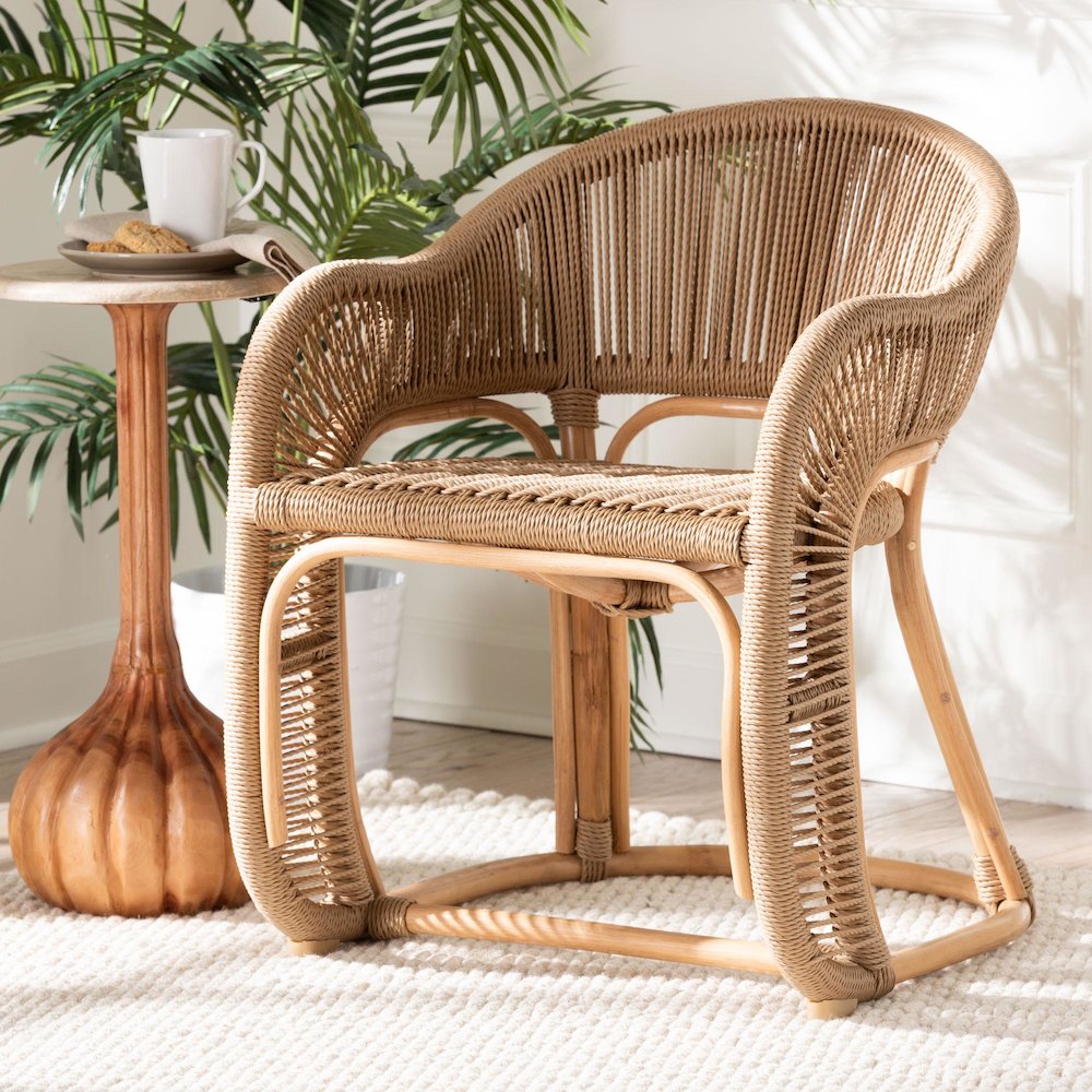 Isra Natural Rattan Accent Chair - Curved Barrel Back Lounge Chair