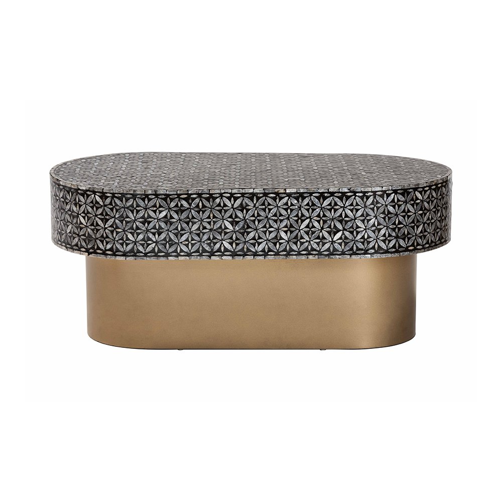 Emery Capiz Shell Coffee Table with Geometric Pattern, Oval Pedestal