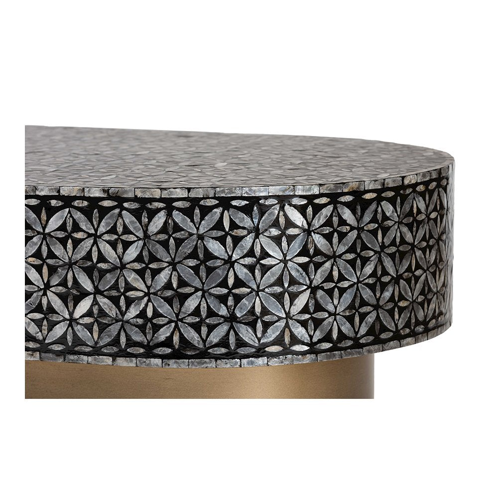 Emery Capiz Shell Coffee Table with Geometric Pattern, Oval Pedestal