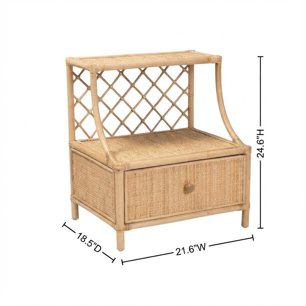Brown Rattan Nightstand with 1 Drawer and Bohemian Style