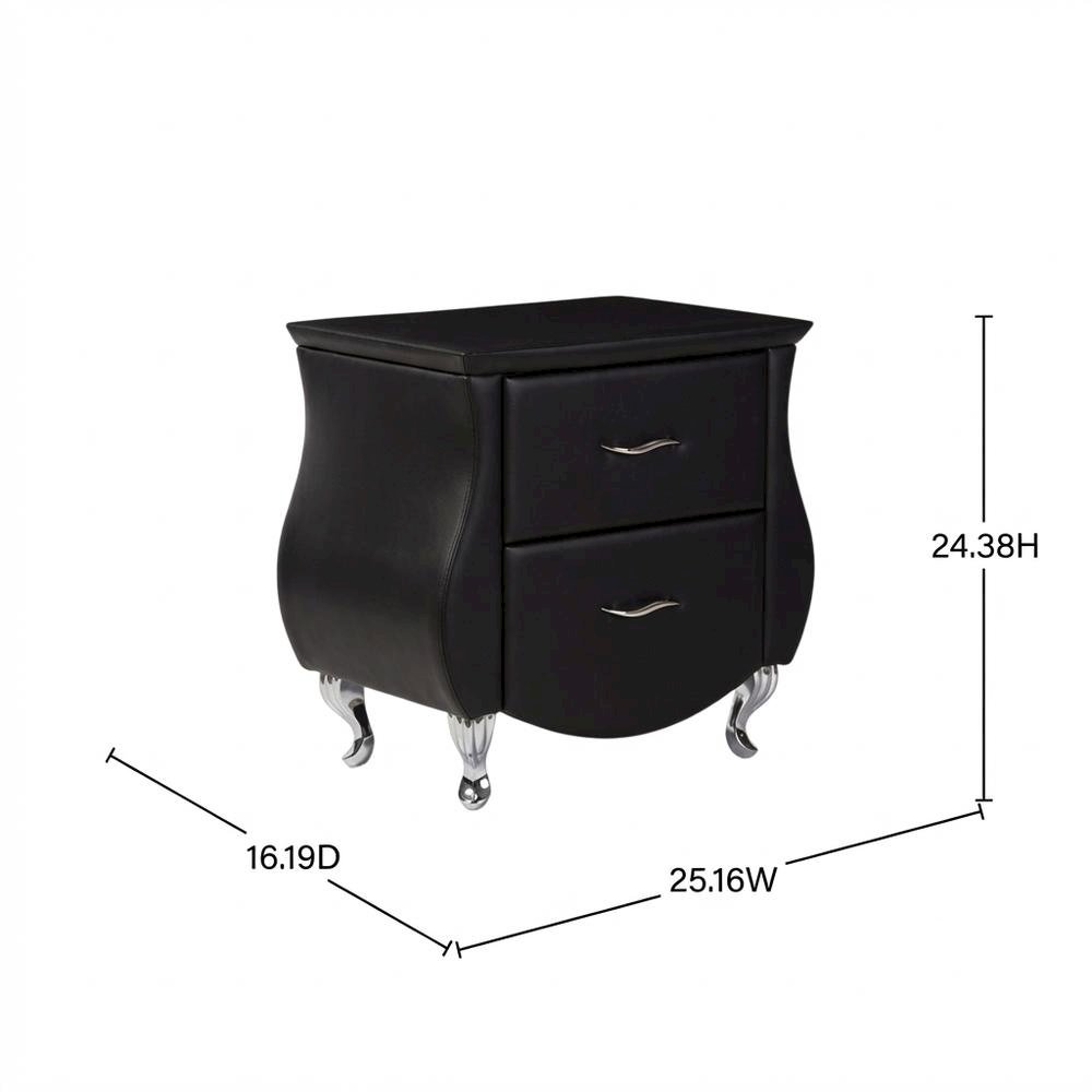 Contemporary Black Faux Leather Nightstand with Hardwood Base