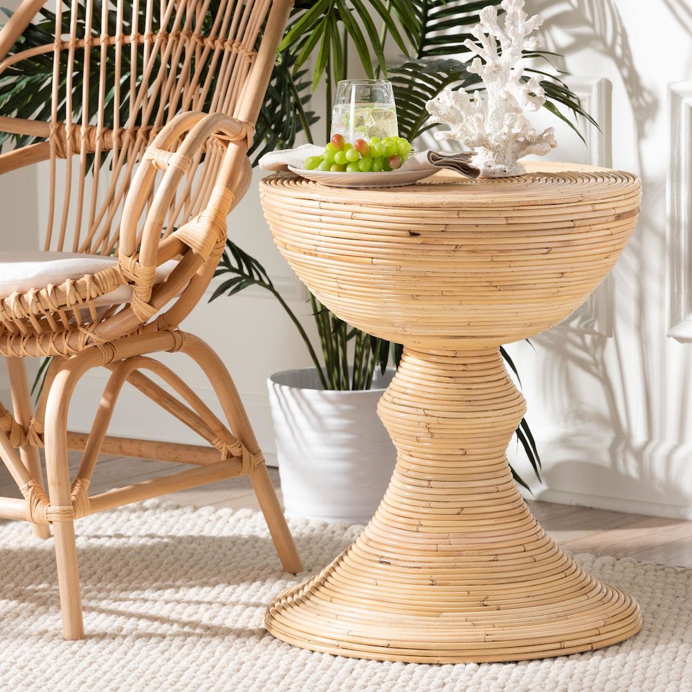Brookwood Natural Rattan End Table - Wicker Accent Table with Pedestal Base