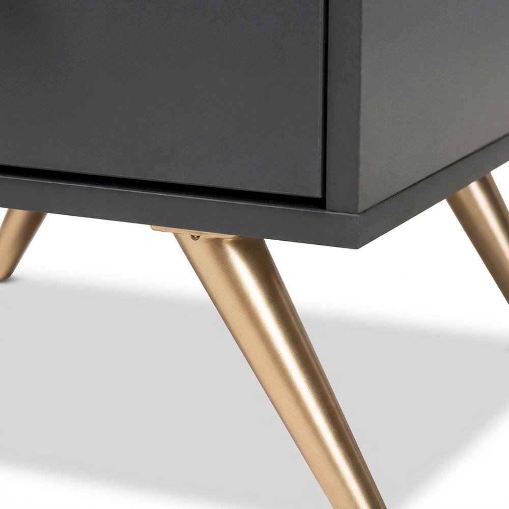 Contemporary Nightstand in Dark Grey and Gold Finish with Wooden Frame