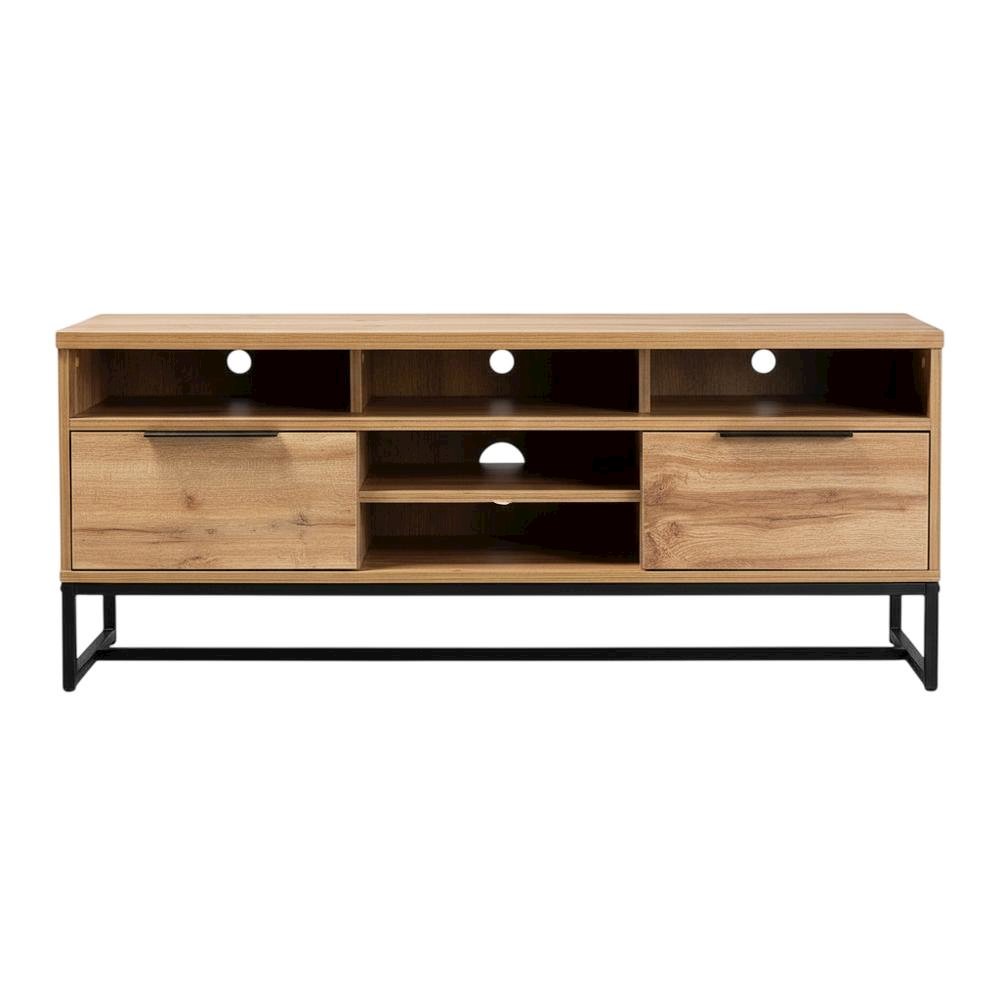Black Wood and Metal TV Stand with Contemporary Design and 2 Drawers