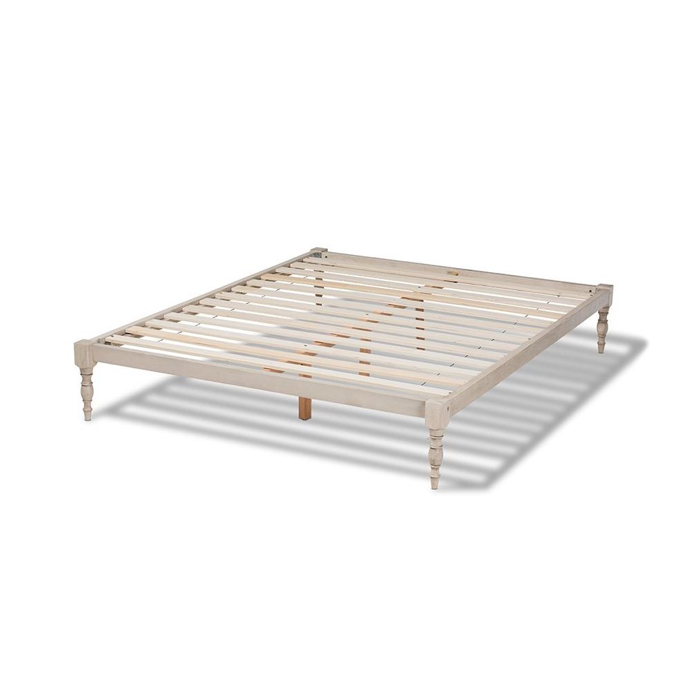 Antique White Finished Wood Queen Size Platform Bed Frame