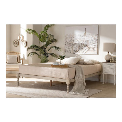 Antique White Finished Wood Queen Size Platform Bed Frame