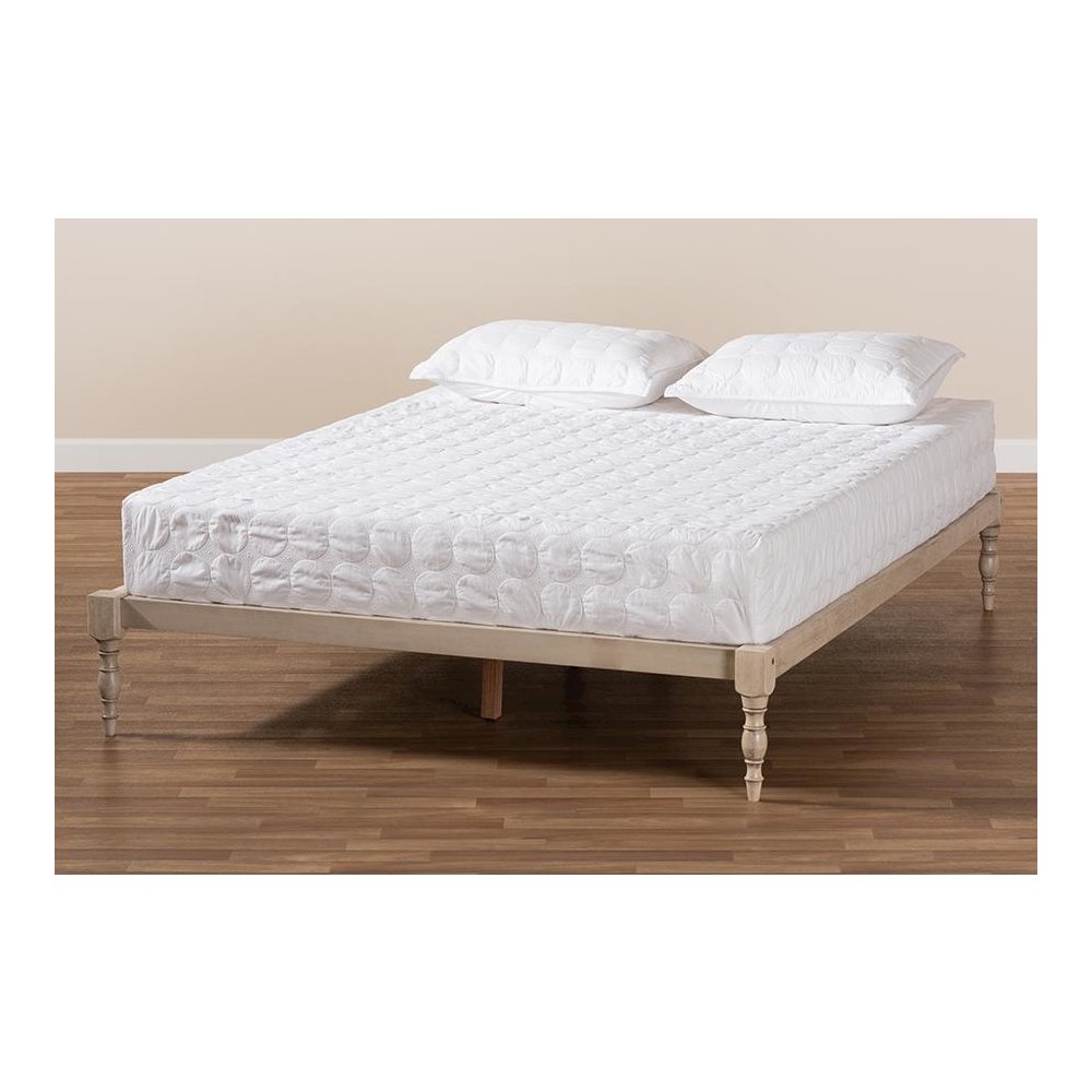 Antique White Finished Wood Queen Size Platform Bed Frame