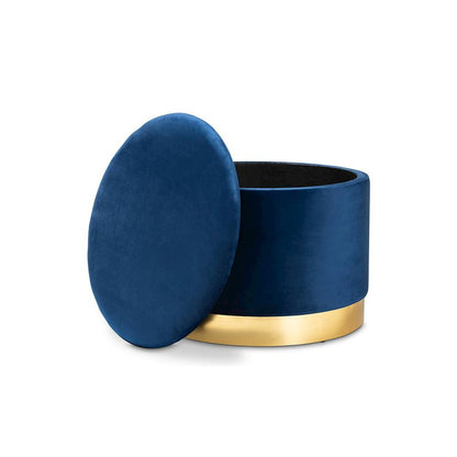 Luxe Navy Blue Velvet Fabric Upholstered Gold Finished Storage Ottoman