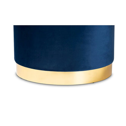 Luxe Navy Blue Velvet Fabric Upholstered Gold Finished Storage Ottoman