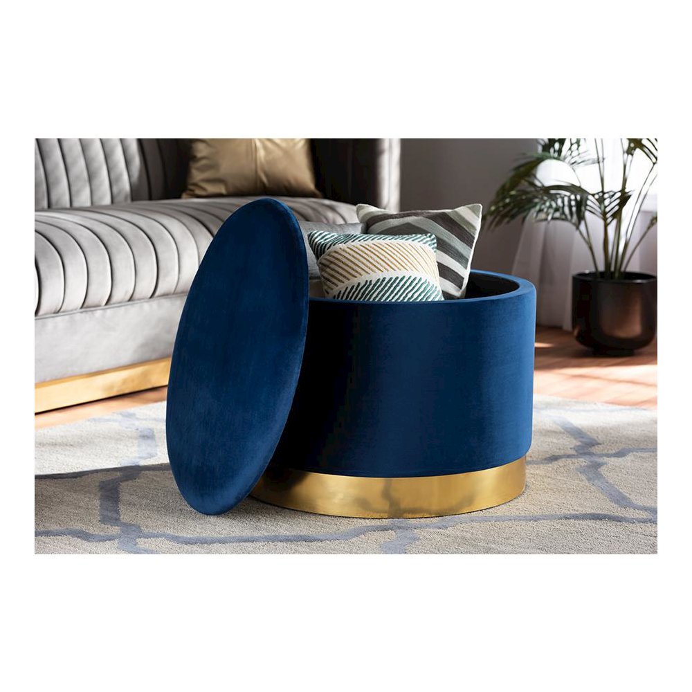 Luxe Navy Blue Velvet Fabric Upholstered Gold Finished Storage Ottoman