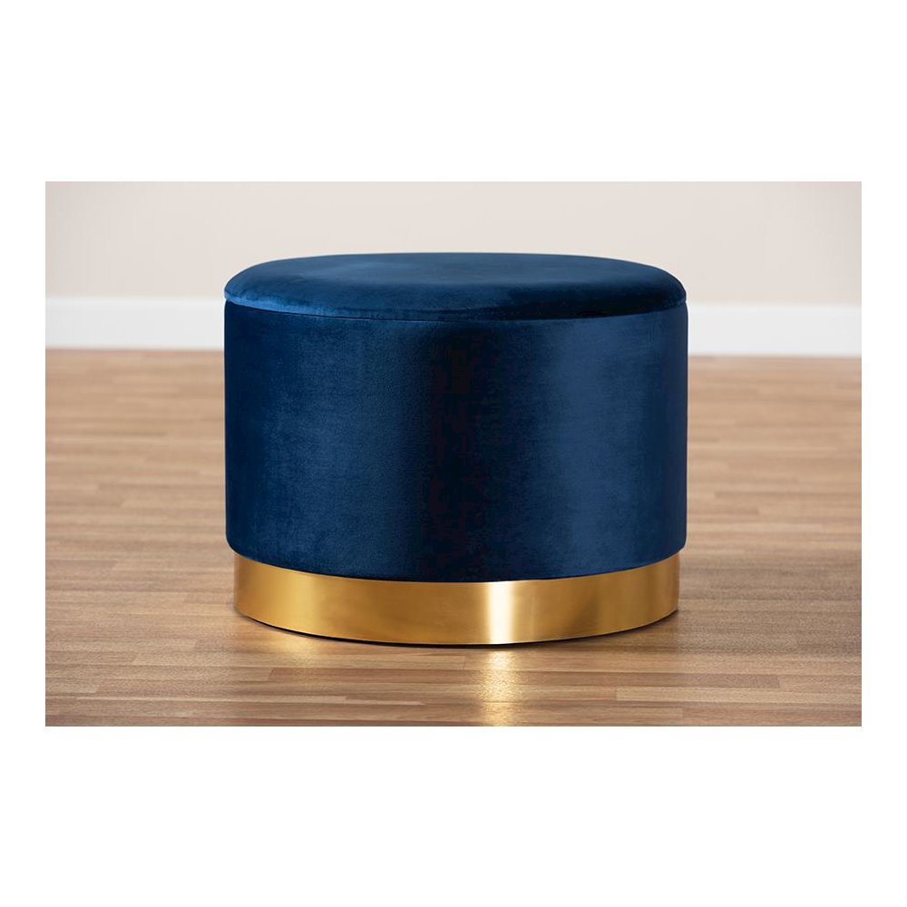 Luxe Navy Blue Velvet Fabric Upholstered Gold Finished Storage Ottoman